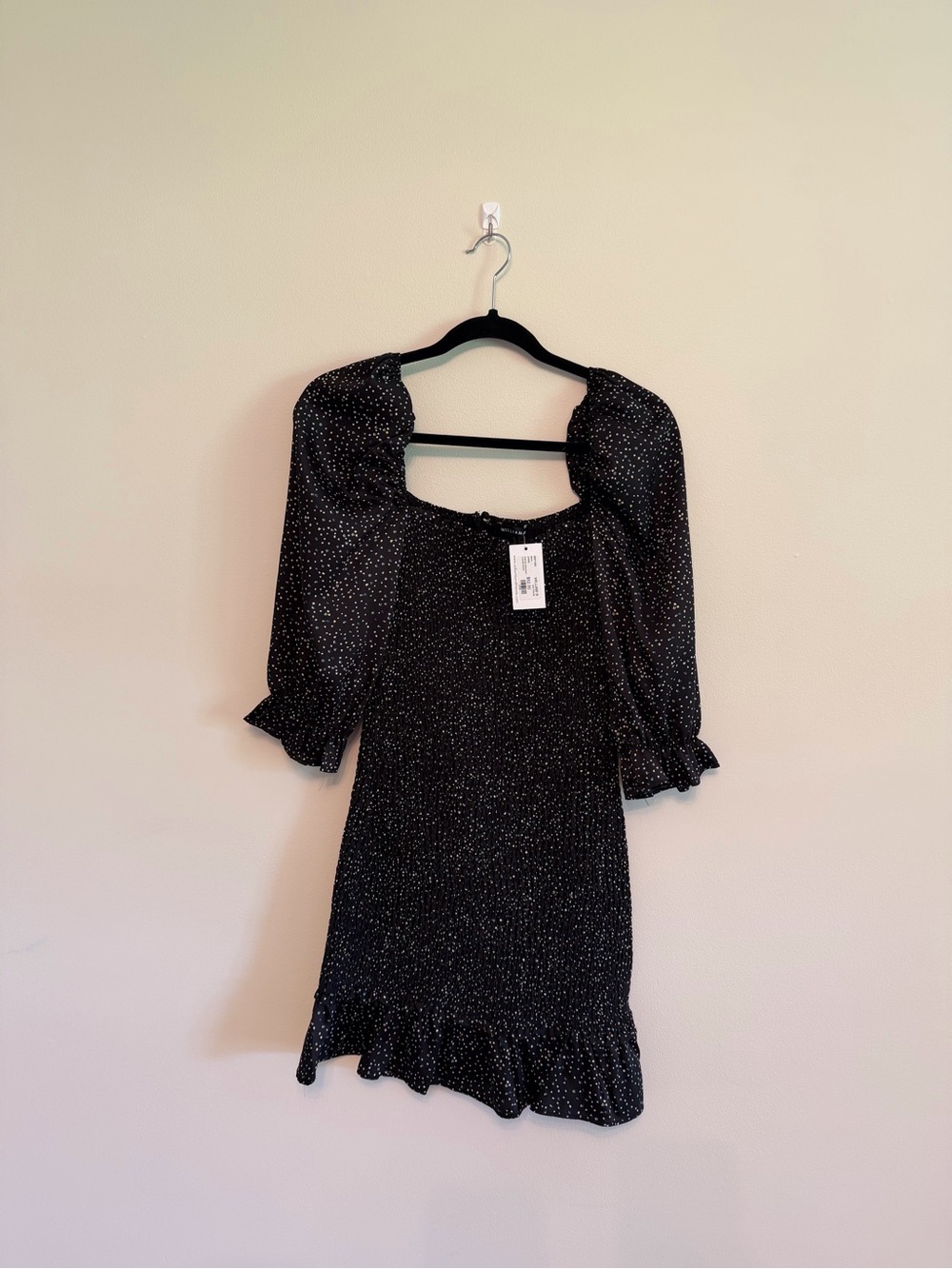 Black Long-Sleeve Smocked Mini Dress with White Dot Print